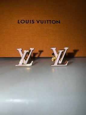 Louis Vuitton Pink Enamel LV Stud Earrings with Gold Tone